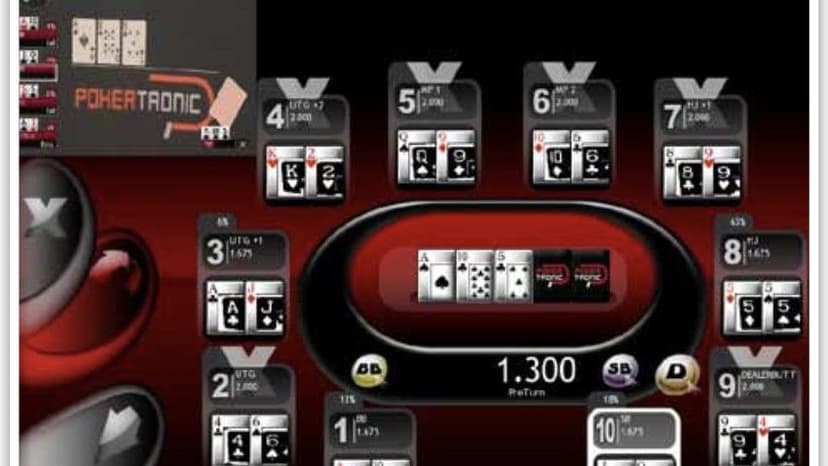 Screenshot der Pokertronic-Hand-Replayer-Software mit einer Neun-Spieler-Turnierhand am Pokertisch