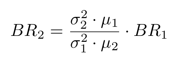 BR2 = (Sigma2² · Mu1) / (Sigma1² · Mu2) · BR1